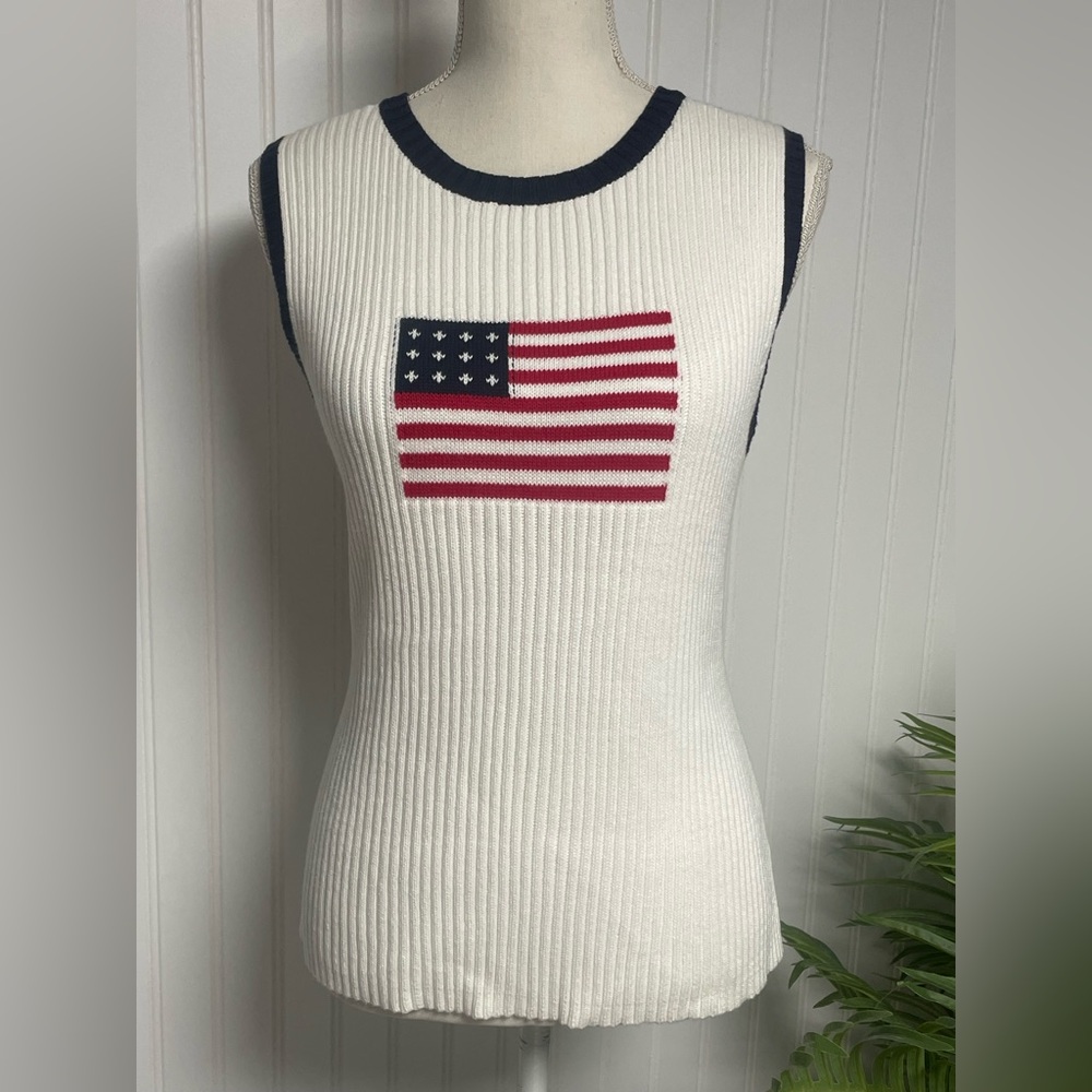 Ribbed Flag Tank Top - White with Navy Trim